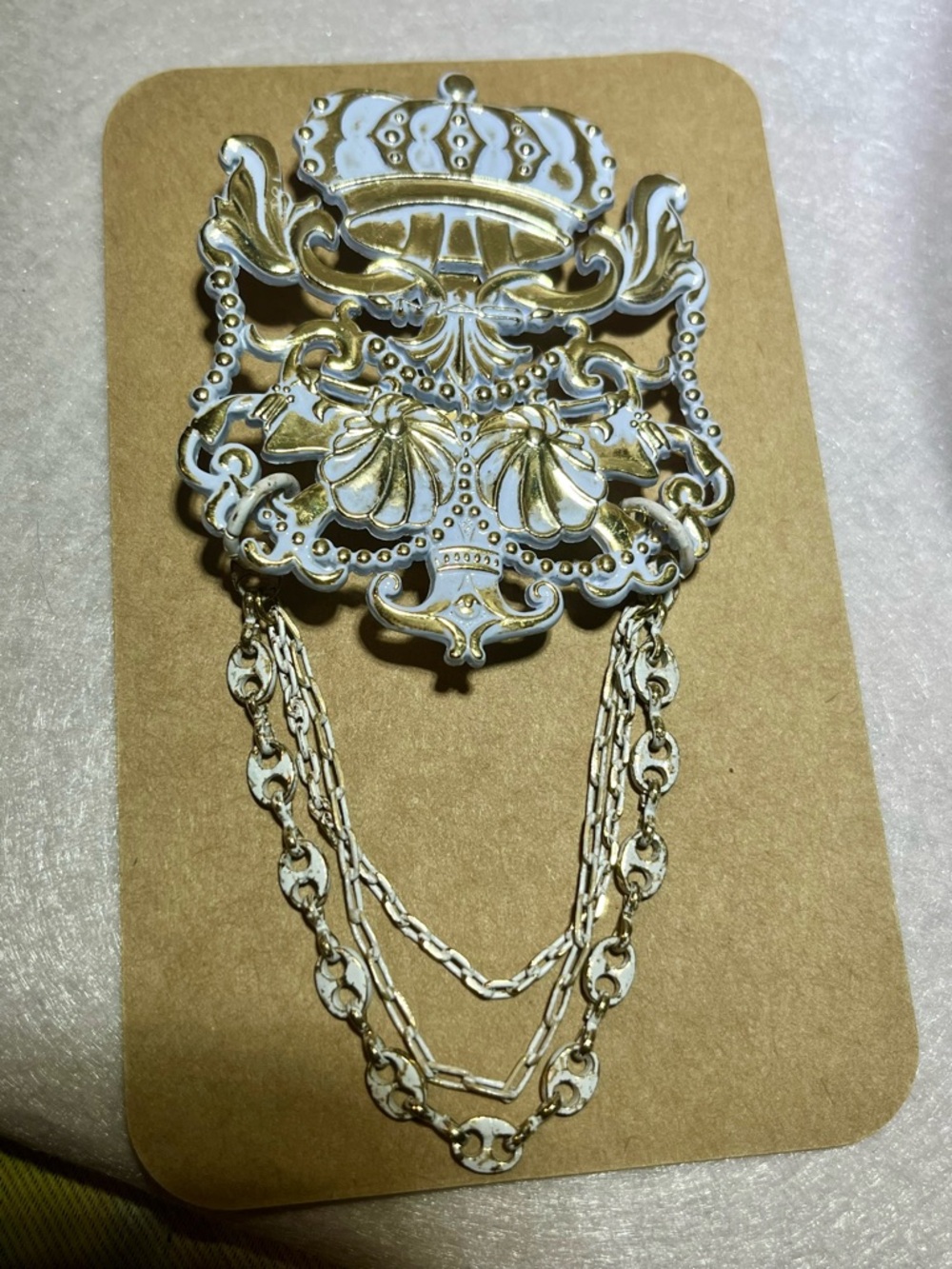 White Enamel & Gold Heraldic Crown Crest Chatelaine Brooch Triple Swag Chain